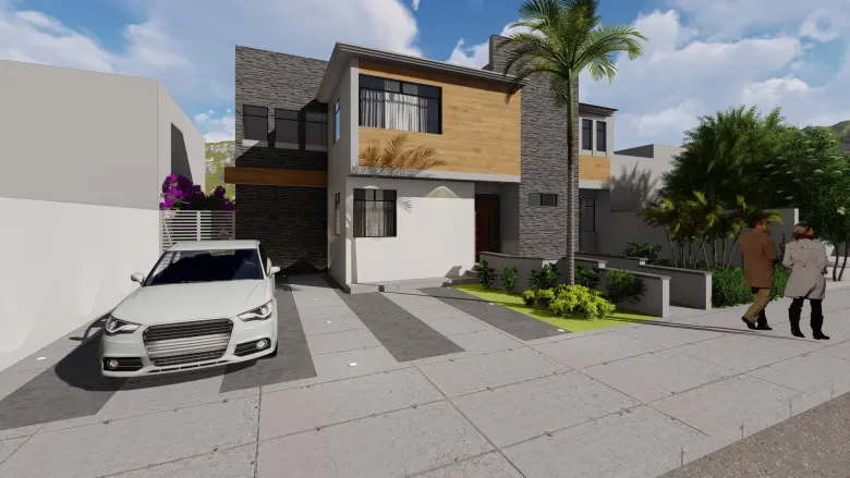 Fachada remodelada de la casa en el fraccionamiento Jardín Real, Zapopan