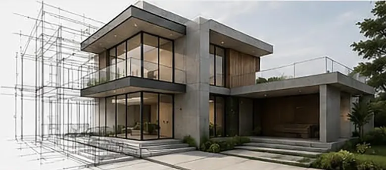 Render de la fachada principal de Casa Andares sobre el trazo axonométrico del proyecto
